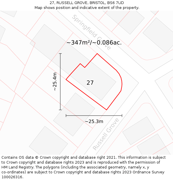 27, RUSSELL GROVE, BRISTOL, BS6 7UD: Plot and title map