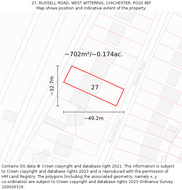 27, RUSSELL ROAD, WEST WITTERING, CHICHESTER, PO20 8EF: Plot and title map