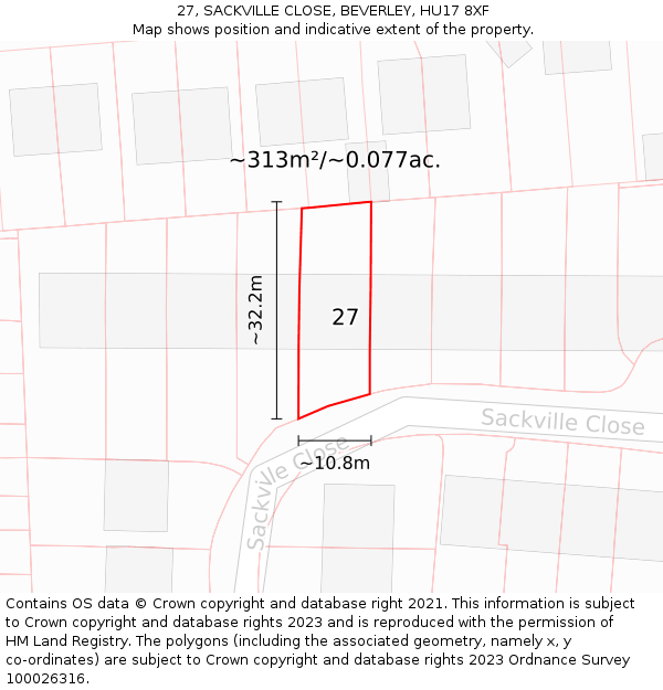 27, SACKVILLE CLOSE, BEVERLEY, HU17 8XF: Plot and title map