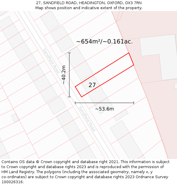 27, SANDFIELD ROAD, HEADINGTON, OXFORD, OX3 7RN: Plot and title map