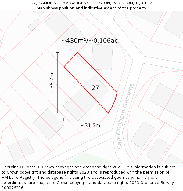 27, SANDRINGHAM GARDENS, PRESTON, PAIGNTON, TQ3 1HZ: Plot and title map