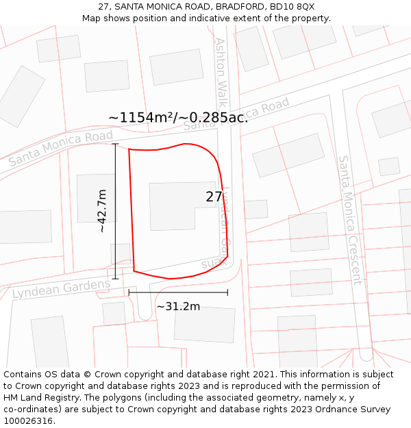 27, SANTA MONICA ROAD, BRADFORD, BD10 8QX: Plot and title map