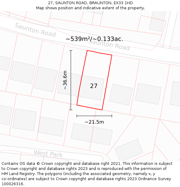 27, SAUNTON ROAD, BRAUNTON, EX33 1HD: Plot and title map