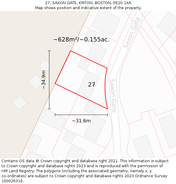 27, SAXON GATE, KIRTON, BOSTON, PE20 1XA: Plot and title map