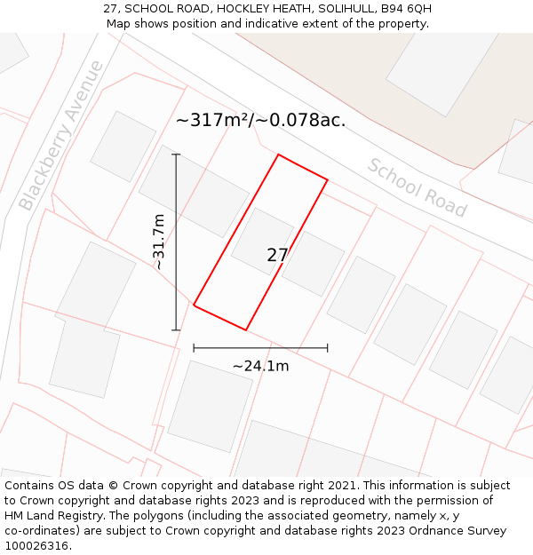 27, SCHOOL ROAD, HOCKLEY HEATH, SOLIHULL, B94 6QH: Plot and title map