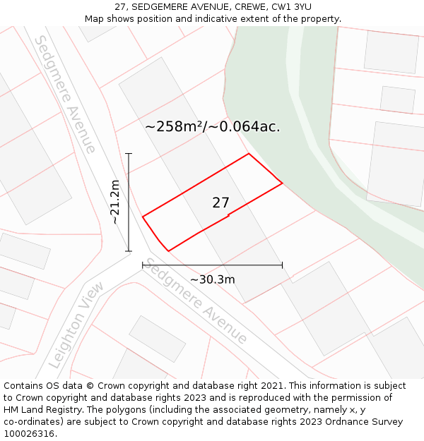 27, SEDGEMERE AVENUE, CREWE, CW1 3YU: Plot and title map