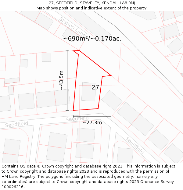 27, SEEDFIELD, STAVELEY, KENDAL, LA8 9NJ: Plot and title map