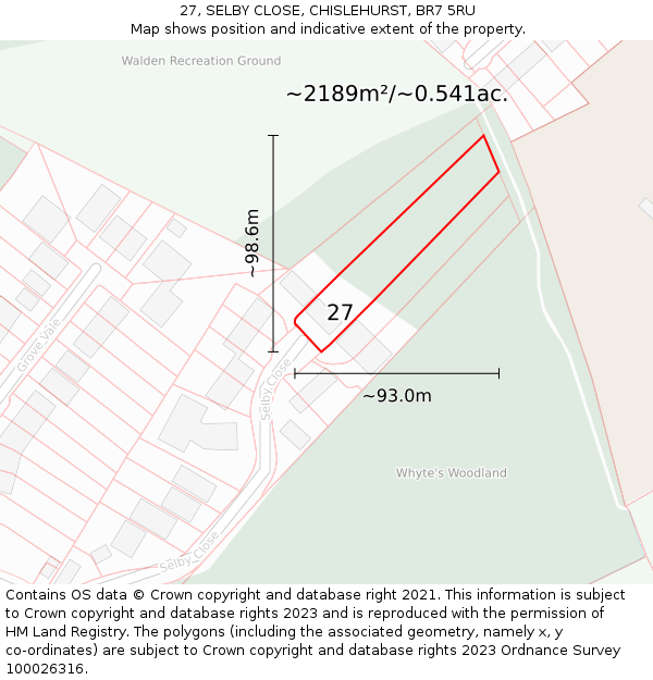 27, SELBY CLOSE, CHISLEHURST, BR7 5RU: Plot and title map