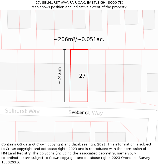 27, SELHURST WAY, FAIR OAK, EASTLEIGH, SO50 7JX: Plot and title map