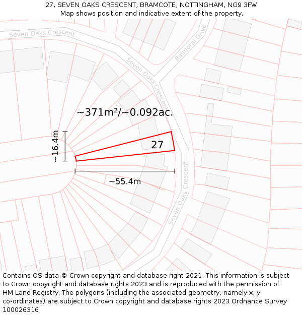 27, SEVEN OAKS CRESCENT, BRAMCOTE, NOTTINGHAM, NG9 3FW: Plot and title map