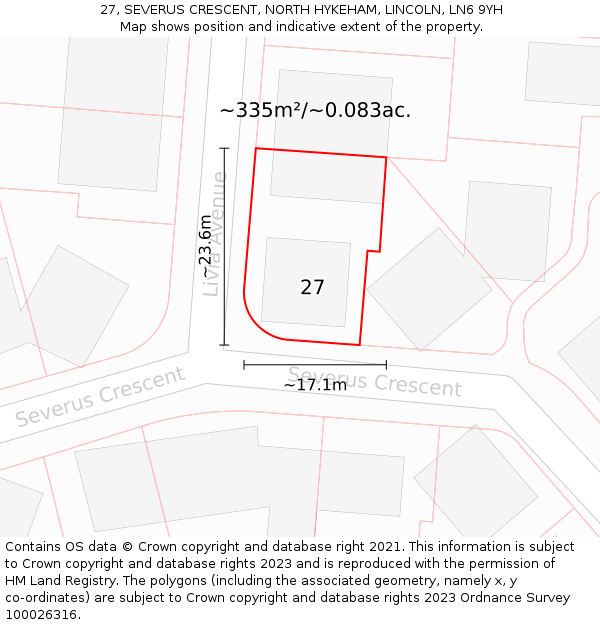 27, SEVERUS CRESCENT, NORTH HYKEHAM, LINCOLN, LN6 9YH: Plot and title map