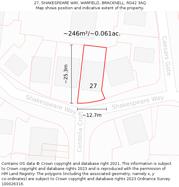 27, SHAKESPEARE WAY, WARFIELD, BRACKNELL, RG42 3AQ: Plot and title map