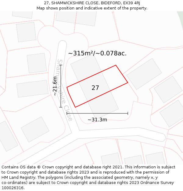 27, SHAMWICKSHIRE CLOSE, BIDEFORD, EX39 4RJ: Plot and title map