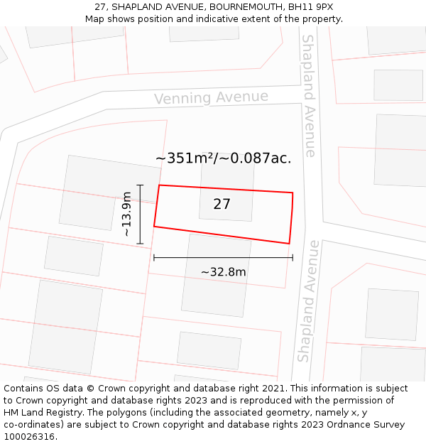 27, SHAPLAND AVENUE, BOURNEMOUTH, BH11 9PX: Plot and title map