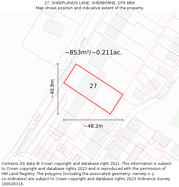 27, SHEEPLANDS LANE, SHERBORNE, DT9 4BW: Plot and title map