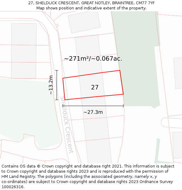 27, SHELDUCK CRESCENT, GREAT NOTLEY, BRAINTREE, CM77 7YF: Plot and title map