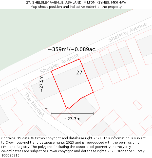 27, SHELSLEY AVENUE, ASHLAND, MILTON KEYNES, MK6 4AW: Plot and title map