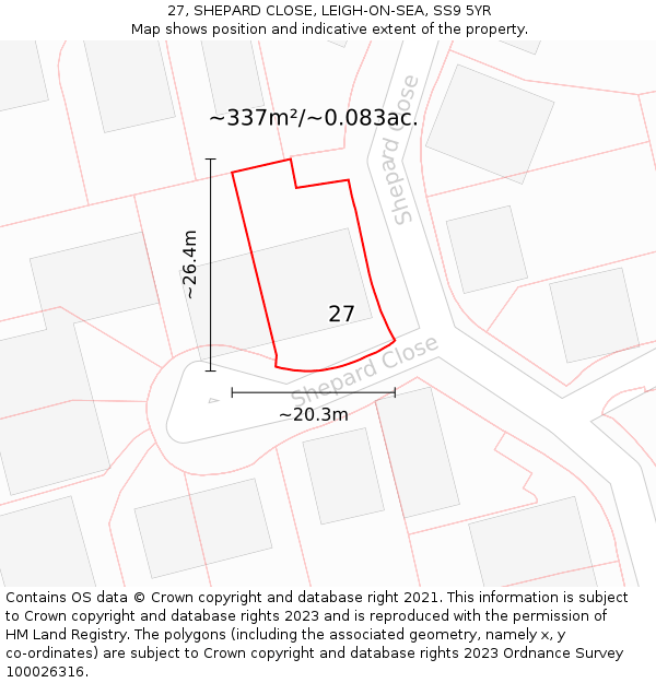 27, SHEPARD CLOSE, LEIGH-ON-SEA, SS9 5YR: Plot and title map