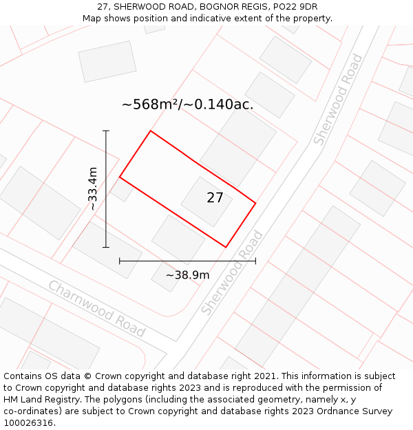 27, SHERWOOD ROAD, BOGNOR REGIS, PO22 9DR: Plot and title map