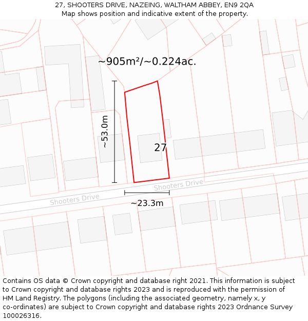 27, SHOOTERS DRIVE, NAZEING, WALTHAM ABBEY, EN9 2QA: Plot and title map