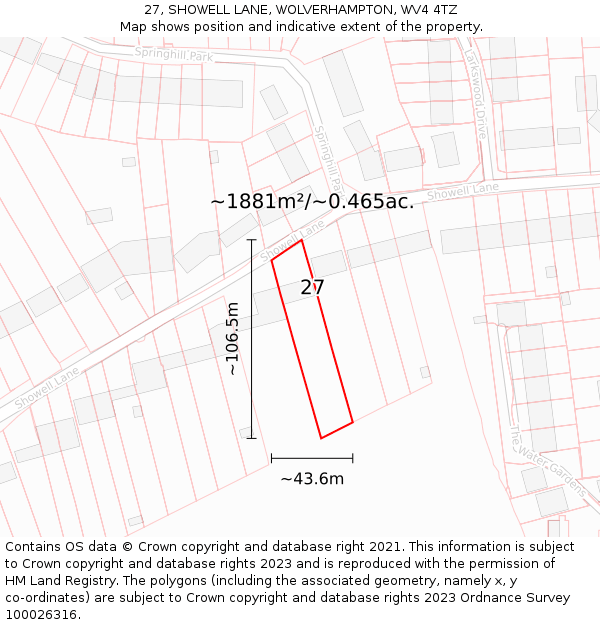 27, SHOWELL LANE, WOLVERHAMPTON, WV4 4TZ: Plot and title map