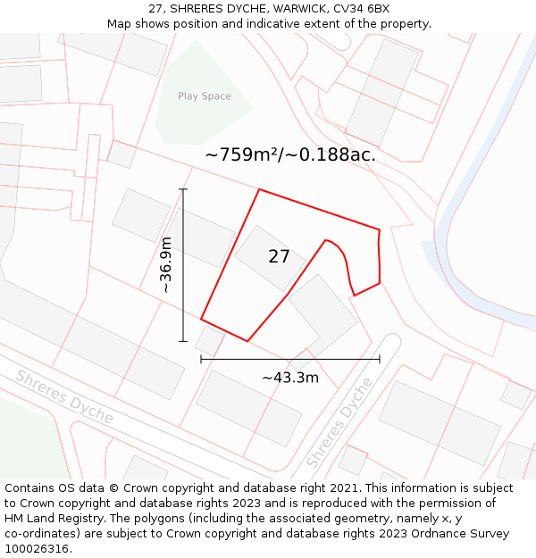 27, SHRERES DYCHE, WARWICK, CV34 6BX: Plot and title map