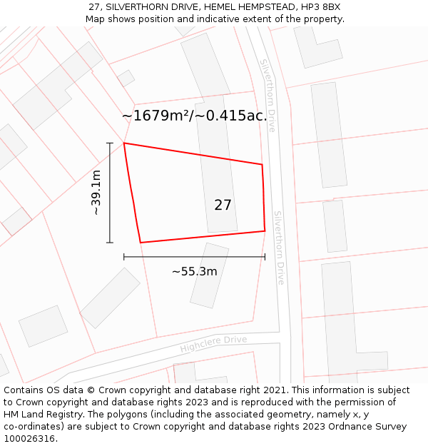 27, SILVERTHORN DRIVE, HEMEL HEMPSTEAD, HP3 8BX: Plot and title map