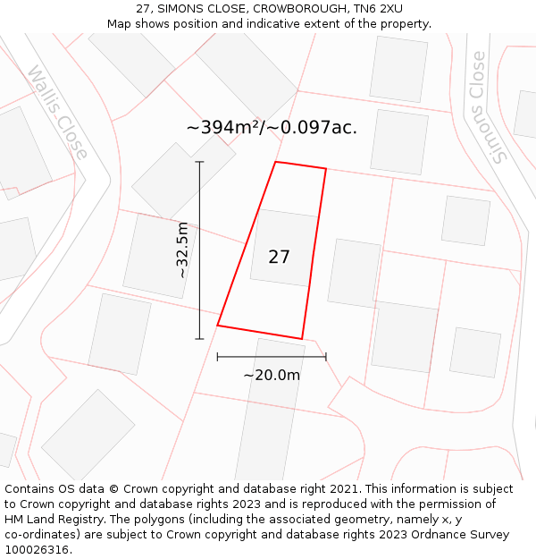 27, SIMONS CLOSE, CROWBOROUGH, TN6 2XU: Plot and title map