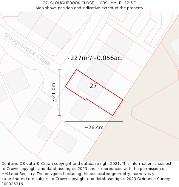 27, SLOUGHBROOK CLOSE, HORSHAM, RH12 5JD: Plot and title map