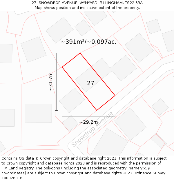 27, SNOWDROP AVENUE, WYNYARD, BILLINGHAM, TS22 5RA: Plot and title map