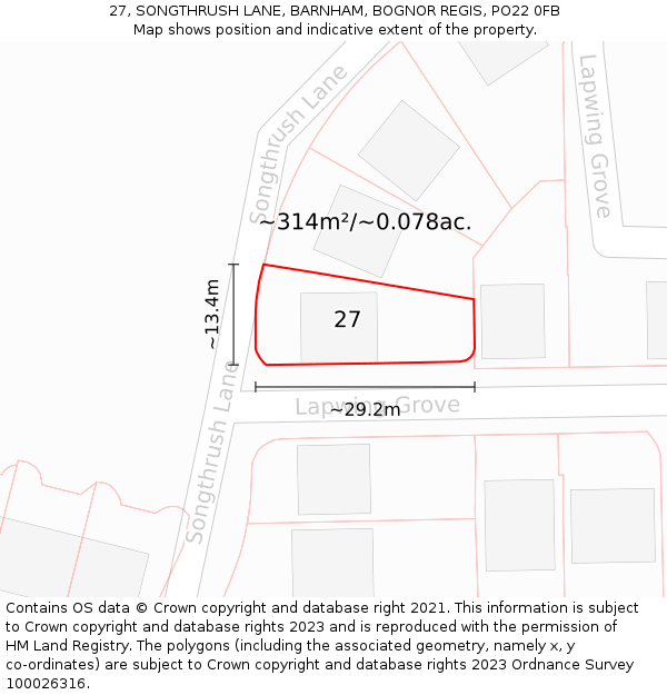 27, SONGTHRUSH LANE, BARNHAM, BOGNOR REGIS, PO22 0FB: Plot and title map