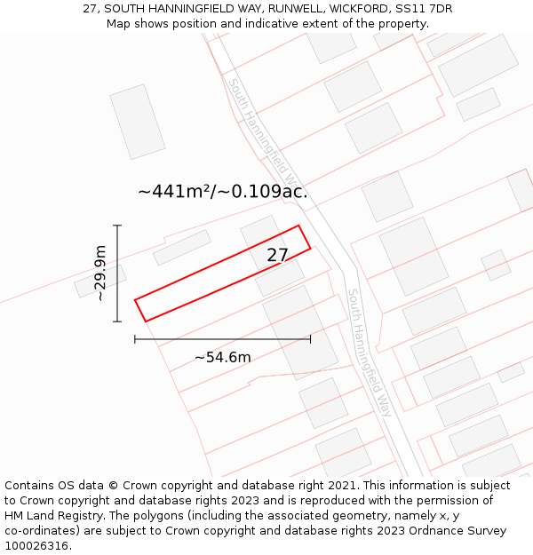 27, SOUTH HANNINGFIELD WAY, RUNWELL, WICKFORD, SS11 7DR: Plot and title map