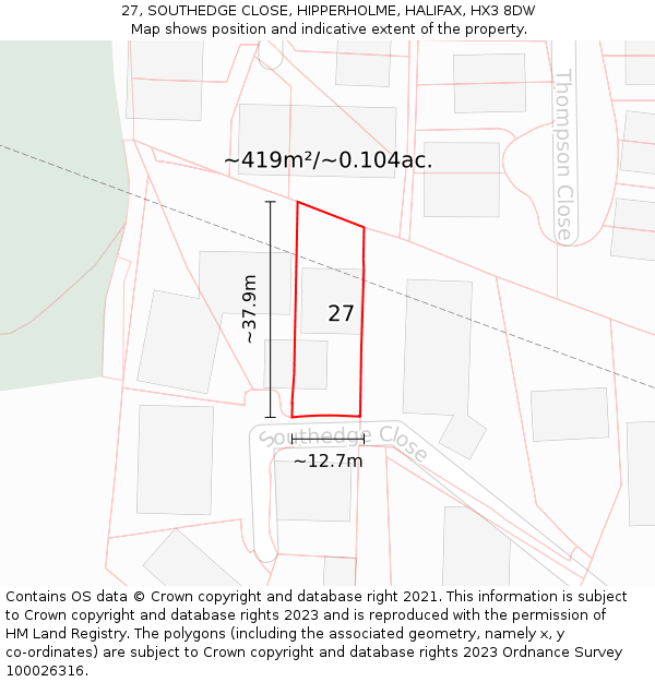 27, SOUTHEDGE CLOSE, HIPPERHOLME, HALIFAX, HX3 8DW: Plot and title map