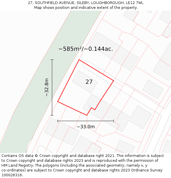 27, SOUTHFIELD AVENUE, SILEBY, LOUGHBOROUGH, LE12 7WL: Plot and title map