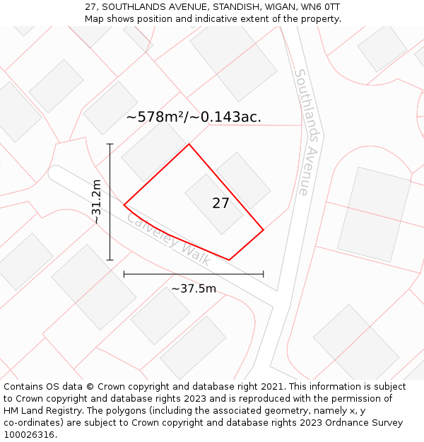 27, SOUTHLANDS AVENUE, STANDISH, WIGAN, WN6 0TT: Plot and title map