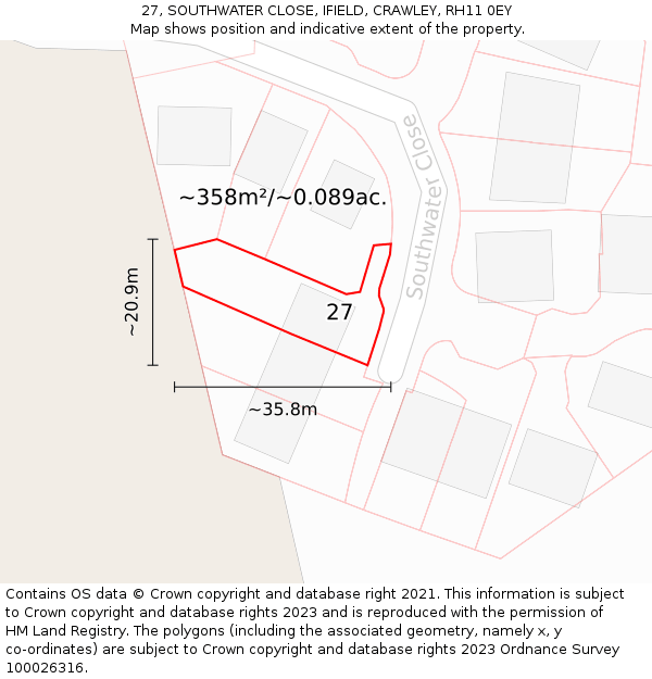 27, SOUTHWATER CLOSE, IFIELD, CRAWLEY, RH11 0EY: Plot and title map