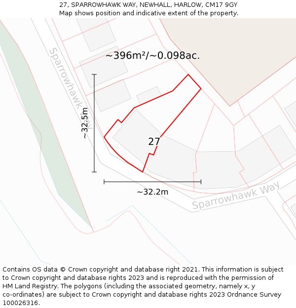 27, SPARROWHAWK WAY, NEWHALL, HARLOW, CM17 9GY: Plot and title map