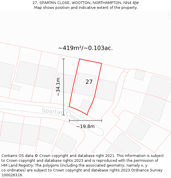27, SPARTAN CLOSE, WOOTTON, NORTHAMPTON, NN4 6JW: Plot and title map