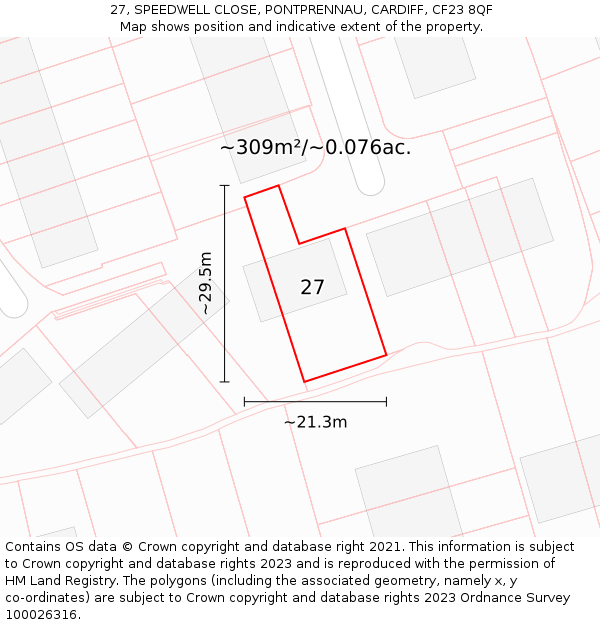 27, SPEEDWELL CLOSE, PONTPRENNAU, CARDIFF, CF23 8QF: Plot and title map