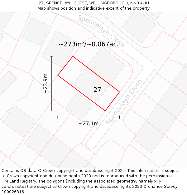 27, SPENCELAYH CLOSE, WELLINGBOROUGH, NN8 4UU: Plot and title map