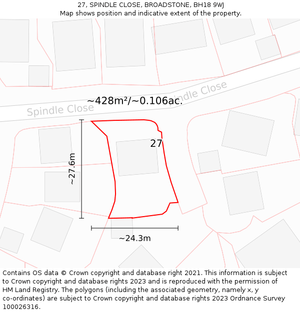 27, SPINDLE CLOSE, BROADSTONE, BH18 9WJ: Plot and title map