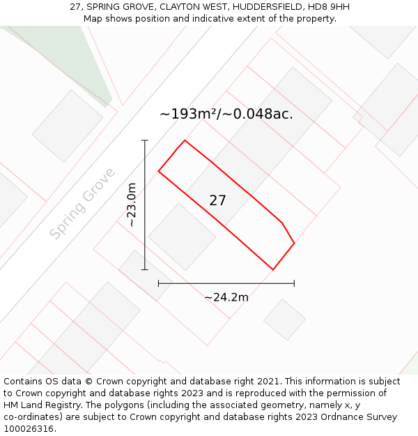 27, SPRING GROVE, CLAYTON WEST, HUDDERSFIELD, HD8 9HH: Plot and title map