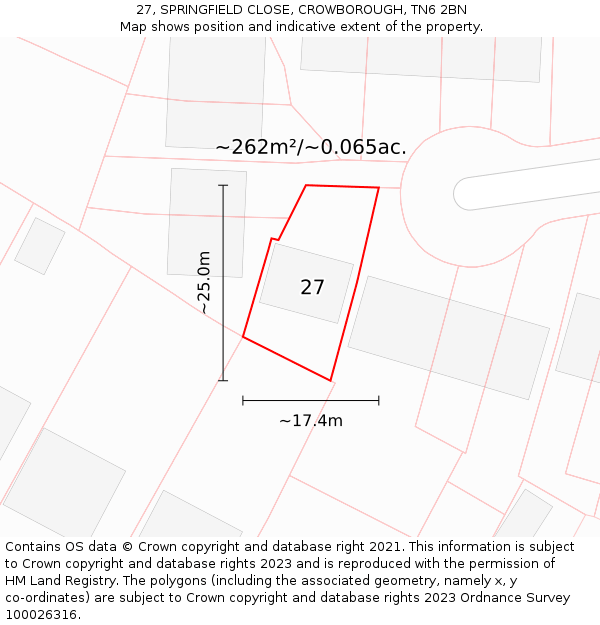 27, SPRINGFIELD CLOSE, CROWBOROUGH, TN6 2BN: Plot and title map