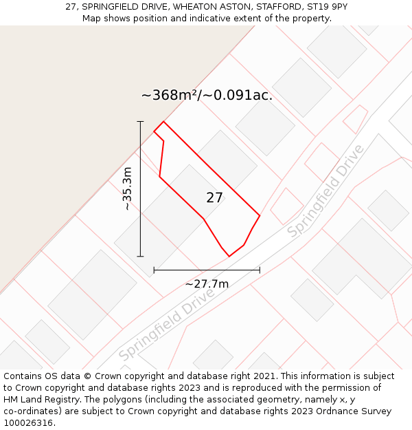 27, SPRINGFIELD DRIVE, WHEATON ASTON, STAFFORD, ST19 9PY: Plot and title map