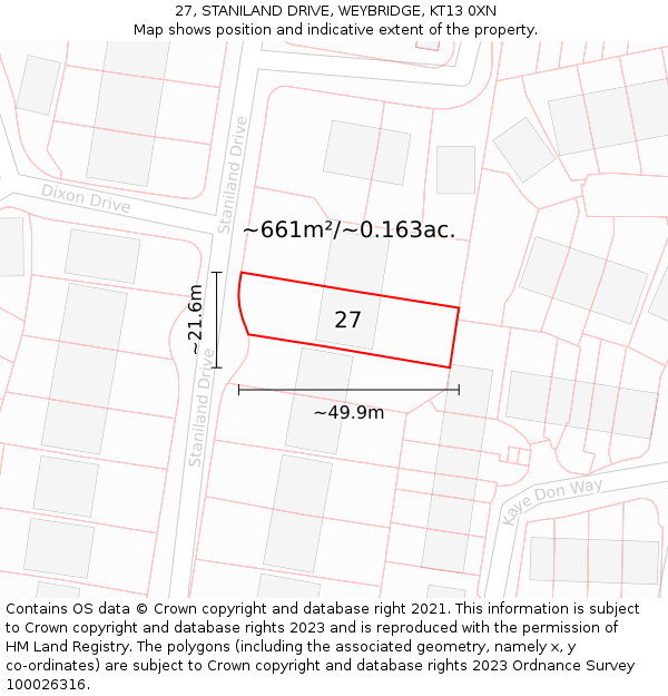 27, STANILAND DRIVE, WEYBRIDGE, KT13 0XN: Plot and title map
