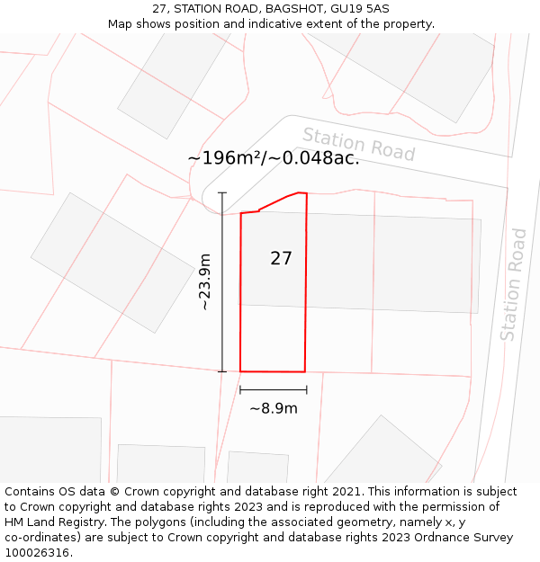 27, STATION ROAD, BAGSHOT, GU19 5AS: Plot and title map