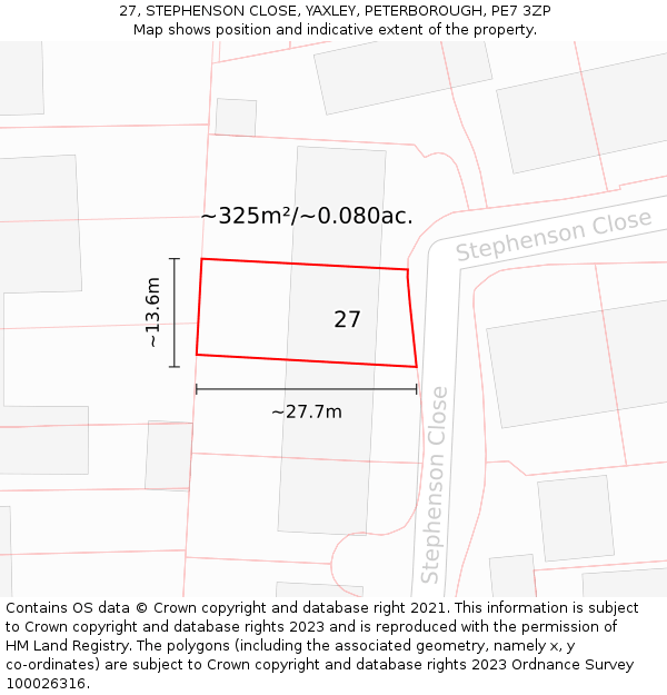 27, STEPHENSON CLOSE, YAXLEY, PETERBOROUGH, PE7 3ZP: Plot and title map