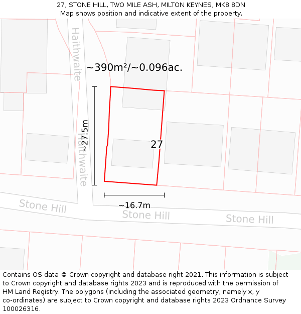 27, STONE HILL, TWO MILE ASH, MILTON KEYNES, MK8 8DN: Plot and title map