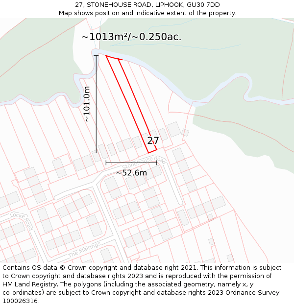 27, STONEHOUSE ROAD, LIPHOOK, GU30 7DD: Plot and title map