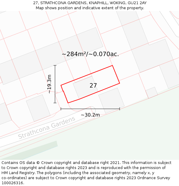 27, STRATHCONA GARDENS, KNAPHILL, WOKING, GU21 2AY: Plot and title map